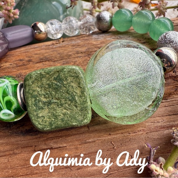 Alquimia Green and Silver Beaded Bracelet ultra big aventurine jasper quartz - Picture 2 of 4